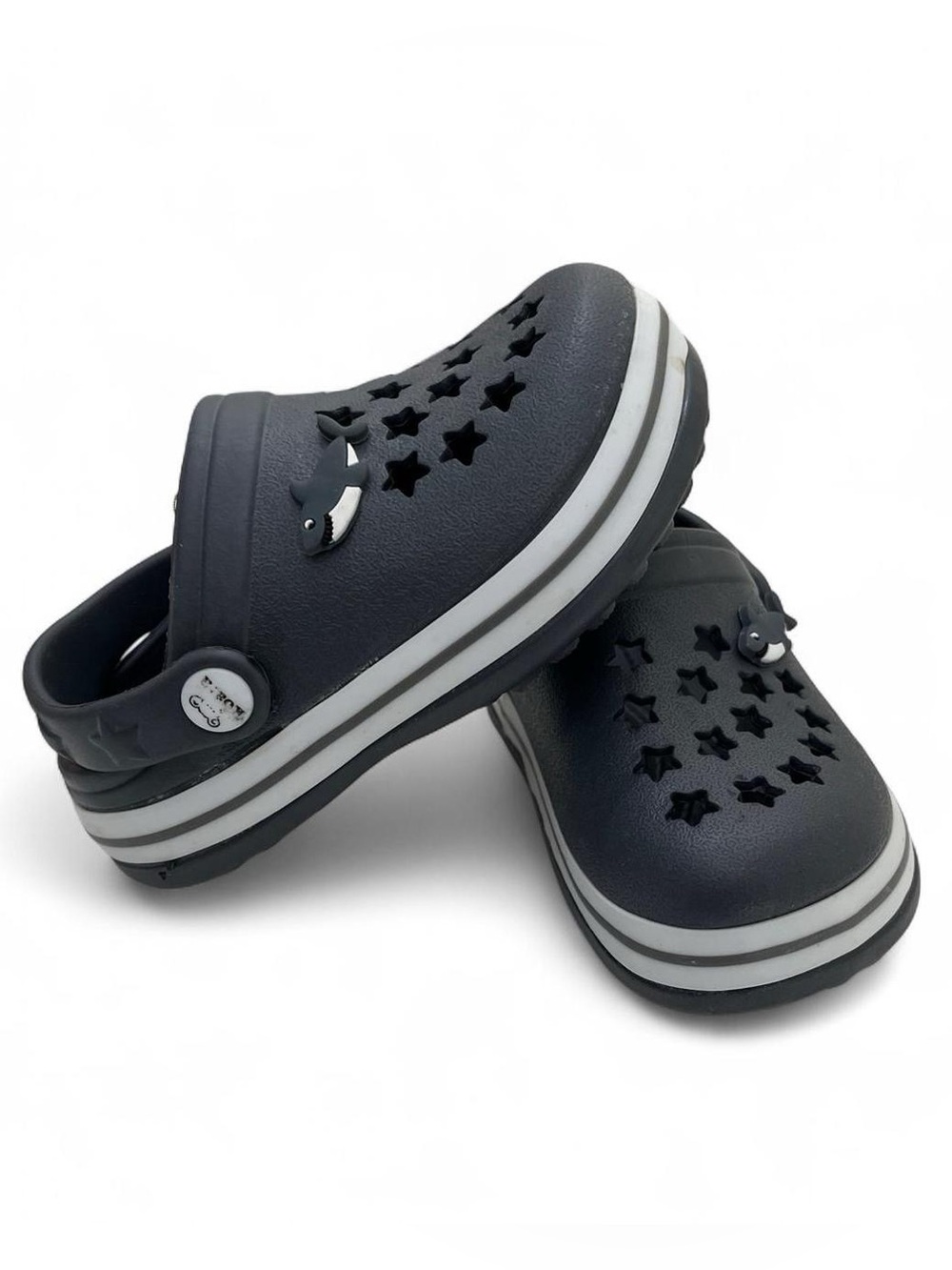 Toddler Boy 6C Crocs Dark Gray White Striped Shark Jibbitz Koala Baby Star Cut